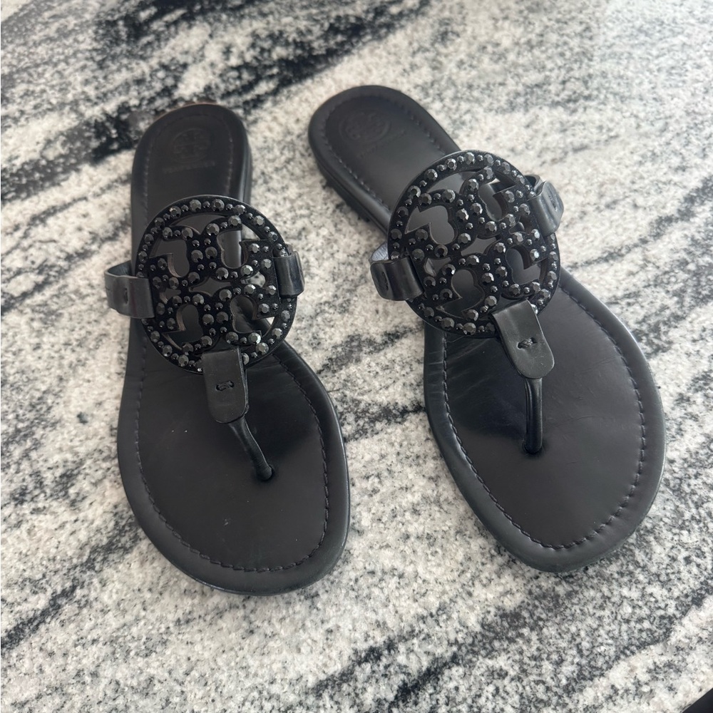 Tory Burch Black Thong Sandals with Sparkling Upper